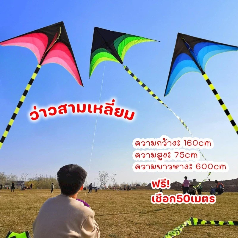 COD🪁ว่าว ว่าวสามเหลี่ยม สีสดใส ขนาด 160 ซม. ฟรี!เชือก50เมตร