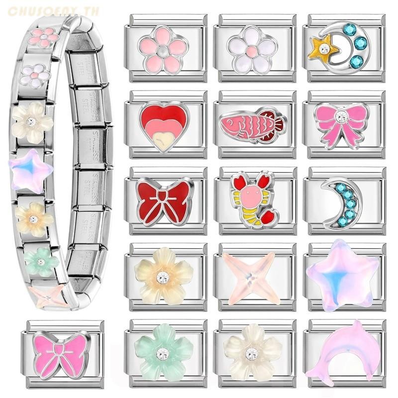 ยอดนิยม Love 3D ดอกไม้โบว์อิตาเลี่ยน Charm Links Fit 9 มม.สร้อยข้อมือสแตนเลสทําเครื่องประดับ