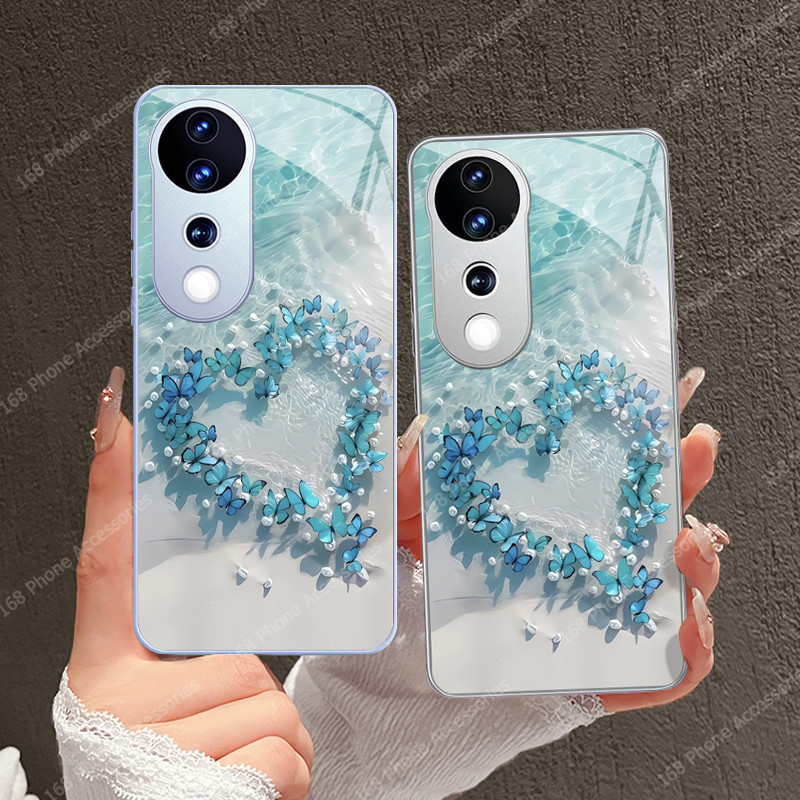 เคส Vivo V40 V30 5G เคส Vivo V40 V30 Pro เคสกันกระแทกน่ารักสีน้ําเงินผีเสื้อโทรศัพท์พร้อมเลนส์กล้องป้องกันหรูหราของเหลวแก้วโทรศัพท์เคสสําหรับเด็กผู้หญิงผู้หญิง