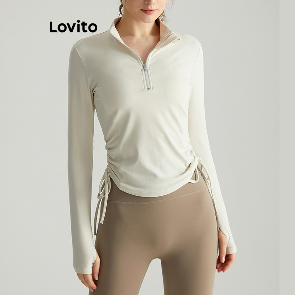 Lovito เสื้อกีฬาผู้หญิง มีซิปรูด มีสายผูก สีพื้น สไตล์สปอร์ต LNL64001
