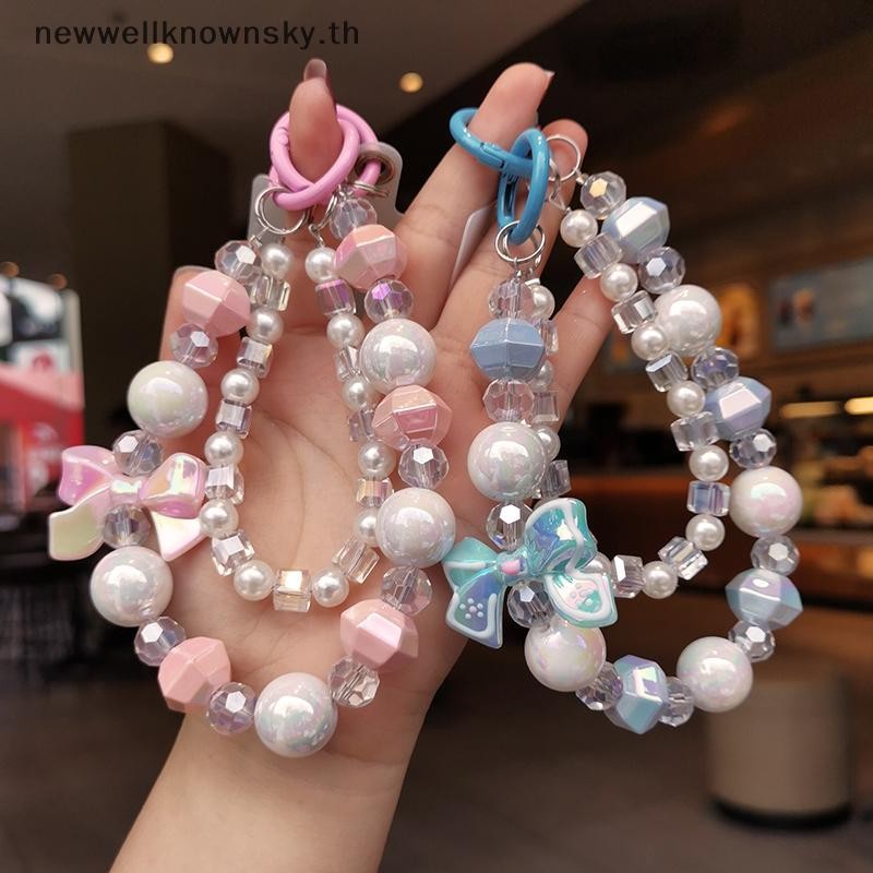 ใหม่เชือกเส้นเล็กโทรศัพท์มือถือสไตล์สั้นสายรัดข้อมือโบว์ปมแฮนด์เมดลูกปัดสร้อยข้อมือจี้เชือกเส้นเล็กป้องกันการสูญหายสายรัดข้อมือกว้างท้องฟ้า