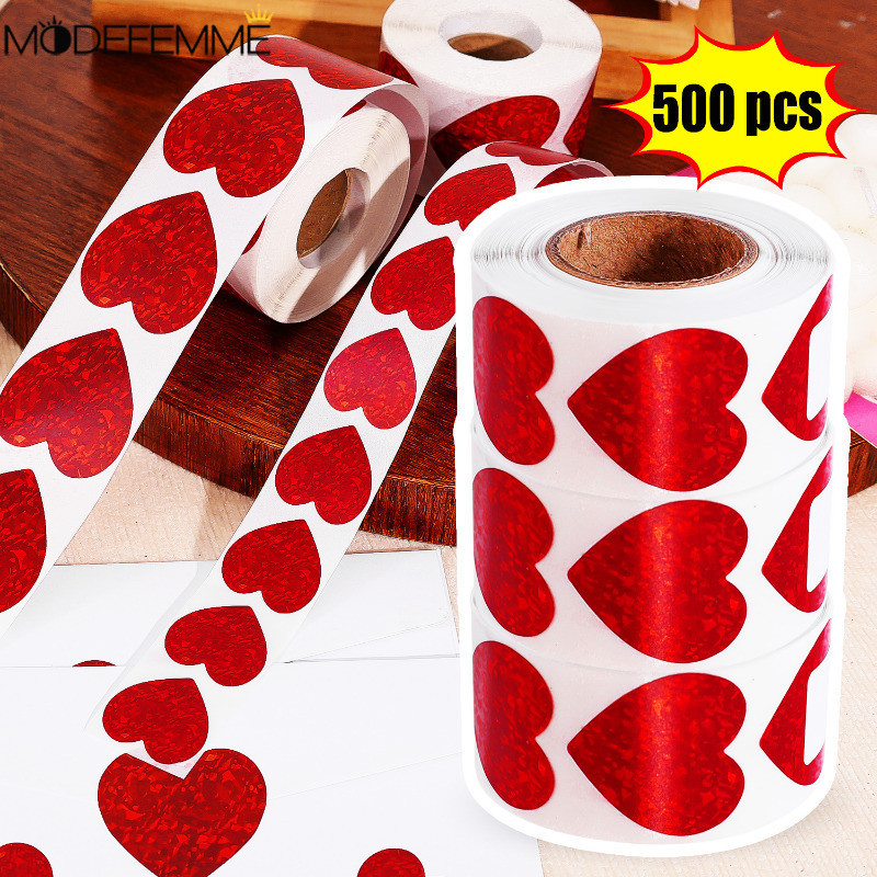 [ที่โดดเด่น] 500ชิ้น/ม้วนเลเซอร์หัวใจรักสติ๊กเกอร์-แต่งงานของขวัญเพลเลอร์-บัตรวันวาเลนไทน์รูปลอก-ซองจดหมายปิดผนึกฉลาก-สมุด ทําเอง กระดาษเหนียว-พรรคตกแต่ง กpplique