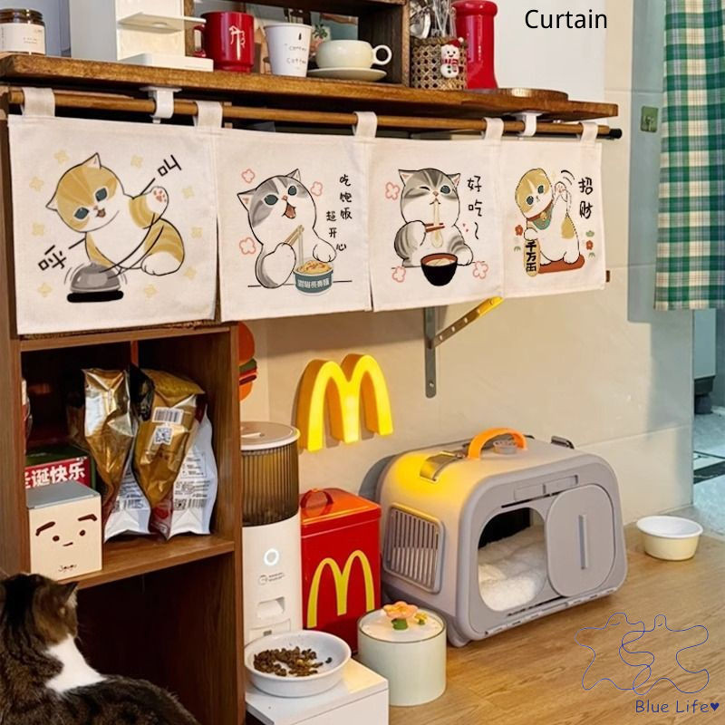 การ์ตูนแมวตกแต่งธงผ้าม่านพาร์ทิชันห้องครัวผ้าม่านประตูน่ารักห้องนอนผ้าม่านหน้าต่างตู้ปิดกั้นผ้าผ้าม่านสั้น