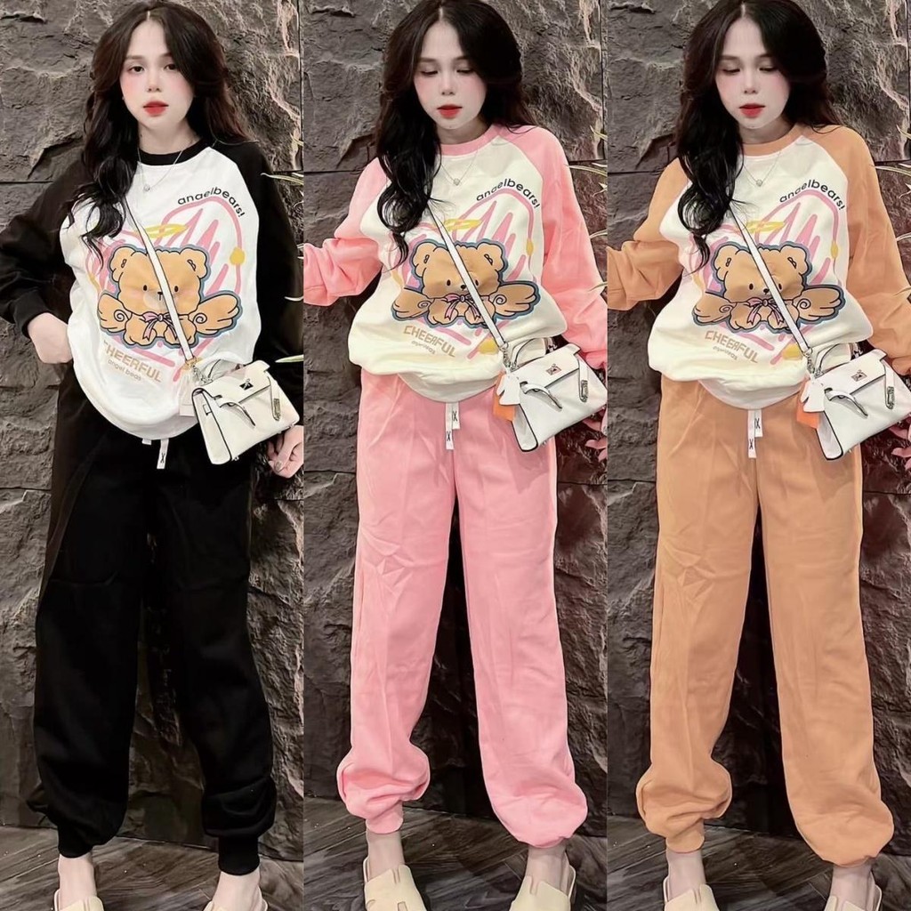 ชุดเซ็ท 2 ชิ้น S269 เสื้อแขนยาว+กางเกงขายาว ผ้าหนังไก่ งานสกรีนลาย มีกระเป๋าข้าง จั๊มปลายแขนปลายขา มีเชือกรูด