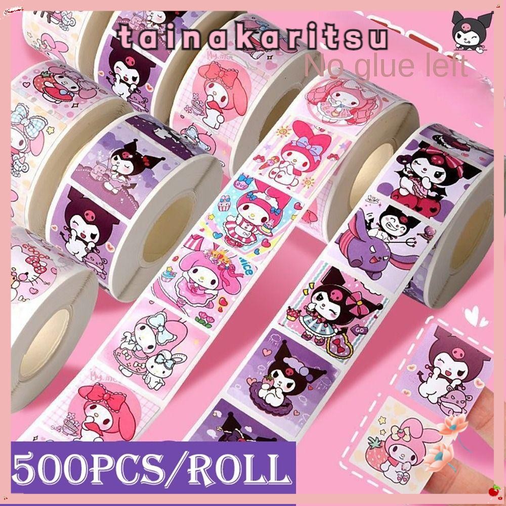 Tainakaritsu 500 ชิ้น/ม้วนสติกเกอร์ Sanrio, กันน้ํา Kuromi Melody HelloKitty สติ๊กเกอร์การ์ตูน, เทปกระดาษกาวในตัวคุณภาพสูงสไตล์การ์ตูนสติ๊กเกอร์ทํามือโรงเรียน
