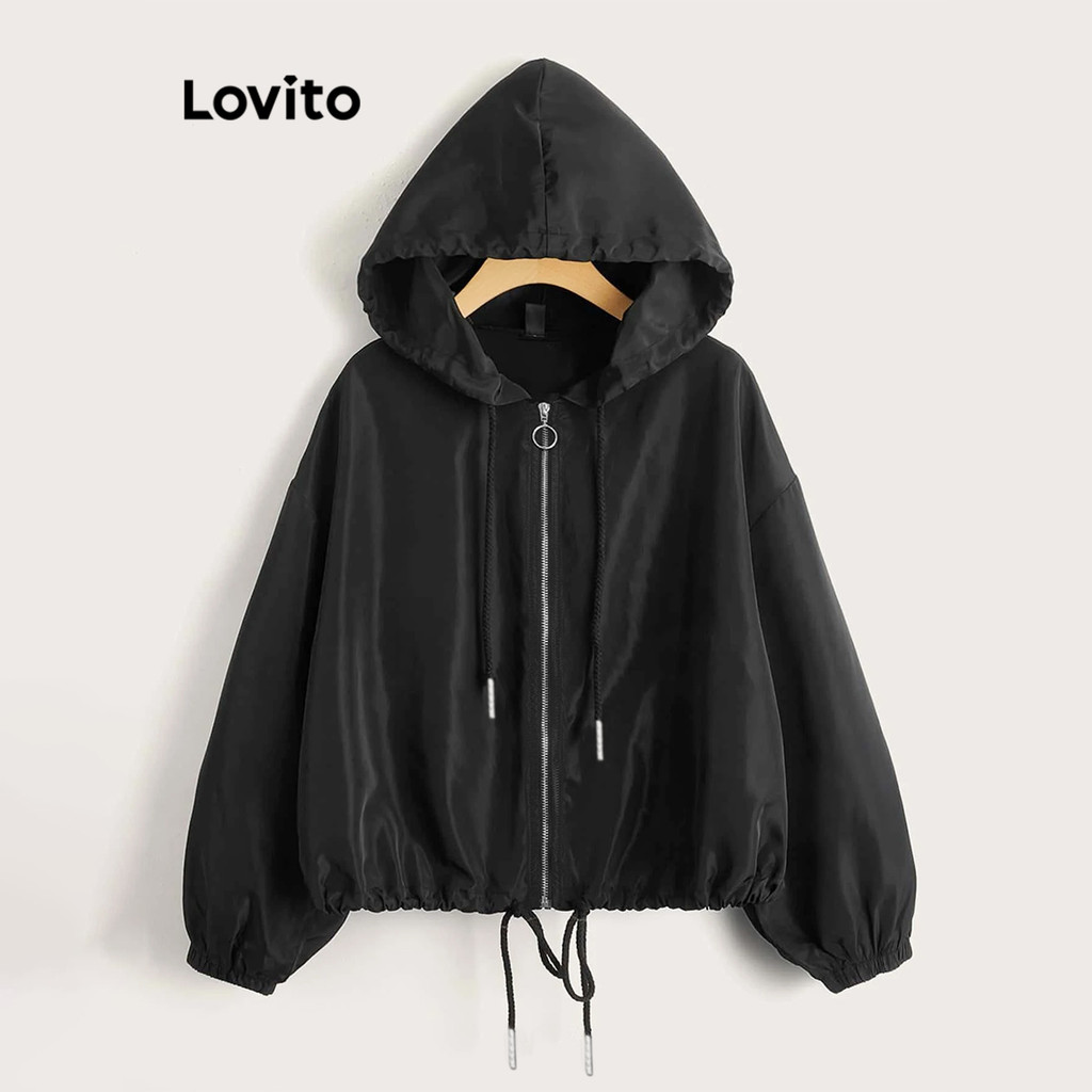 Lovito แจ็คเก็ตมีฮู้ดสำหรับผู้หญิงแบบสบาย ๆ ซิปธรรมดามีฮู้ด L101AD024