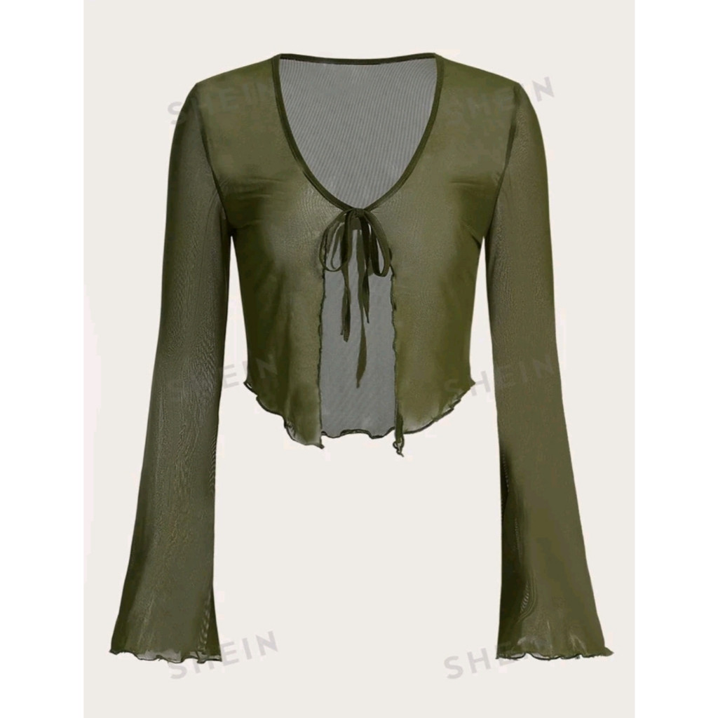 ICON Tie Front Lettuce Trim Mesh Top