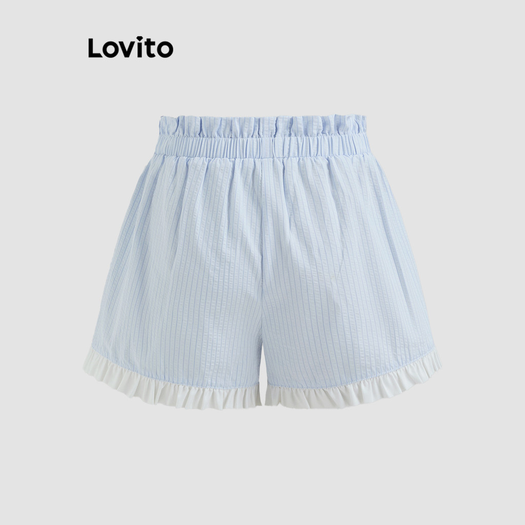(Trendy) Lovito กางเกงขาสั้นผ้าระบายลายทางผูกโบว์แบบลำลองสำหรับผู้หญิง L114AD425