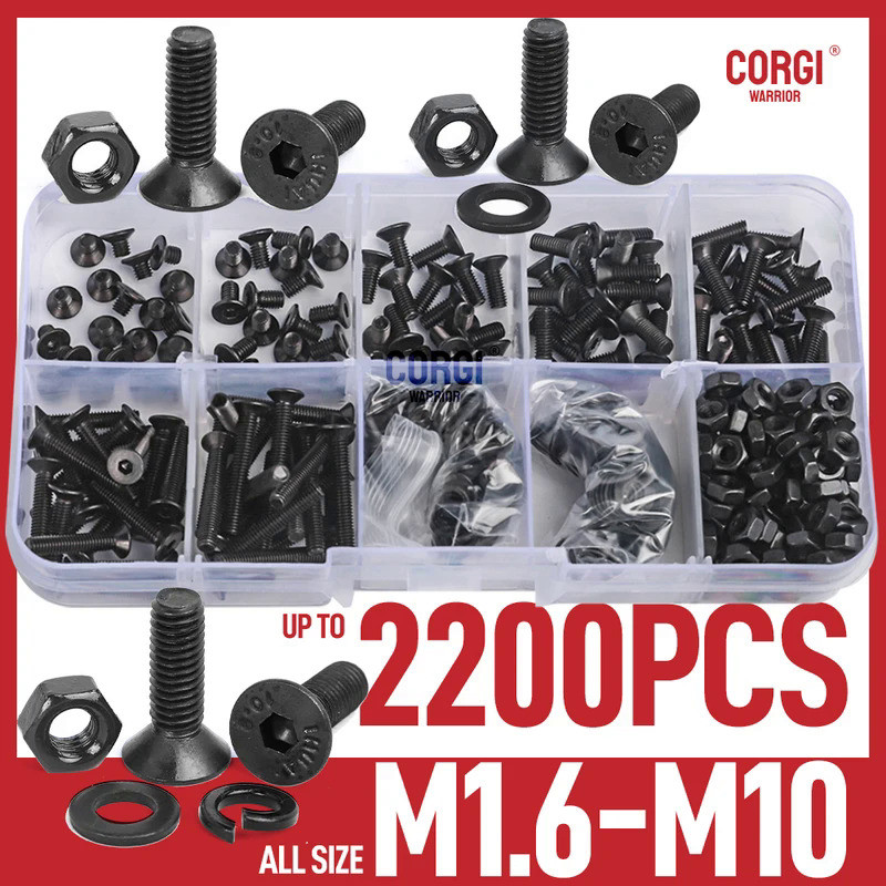 Up To 2200 Metric Allen Hex Flat Head Socket Cap Screws Assortment Kit Black 10.9 Grade M1.6 M2 M2.5