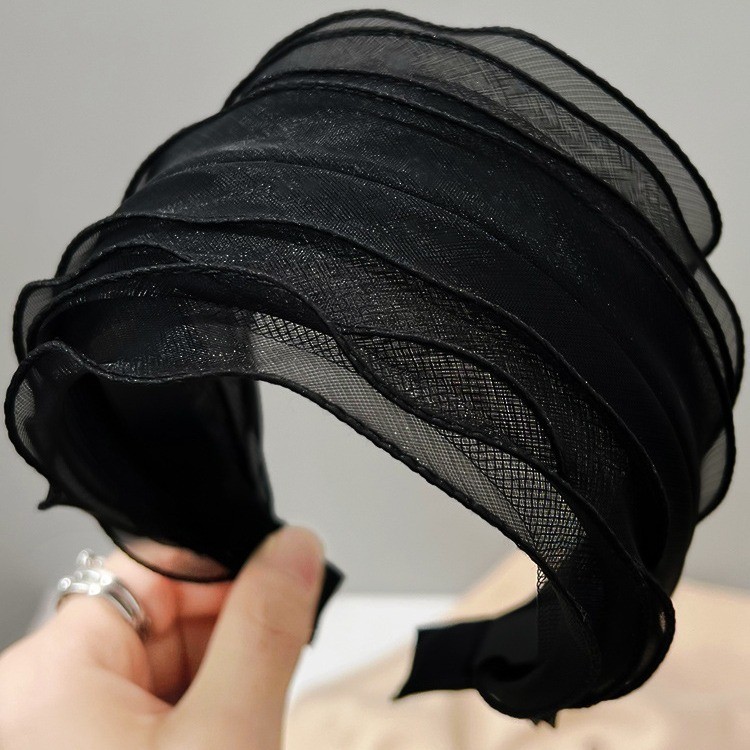 สีดําแถบคาดศีรษะปีกกว้างหญิง Influencer ใหม่ Organza Hairpin กว้างสีขาว Hairband ฟัน Anti-Slip Head