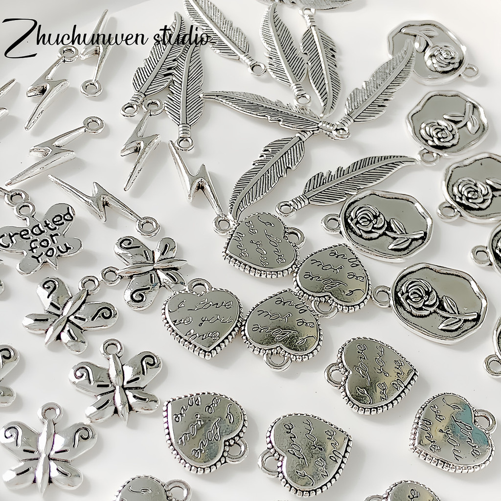 จี้โลหะผสม 10 ชิ้น จี้ความรัก ลูกปัดใบไม้ผีเสื้อวินเทจ DIY สร้อยคอทำมือ วัสดุสร้อยข้อมือ