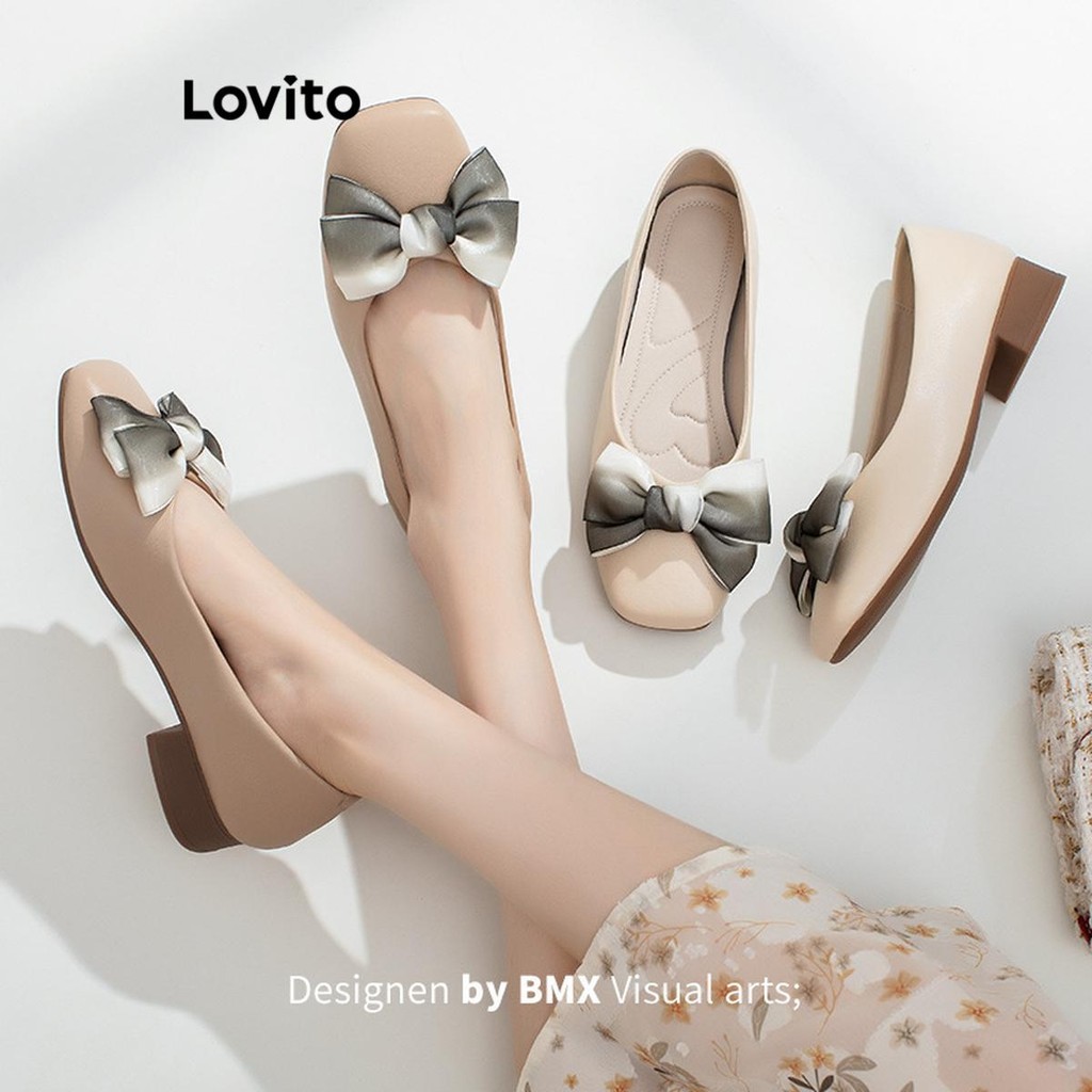 Lovito รองเท้าบัลเล่ต์พื้นนุ่ม Xiao Xiangfeng ทรงลำลองสำหรับผู้หญิง สวมใส่สบาย มีโบว์เรียบง่าย LFA58357