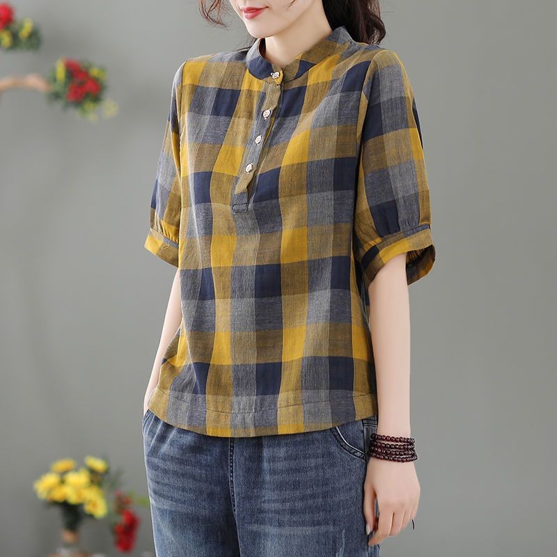 เสื้อตาหมากรุกผ้าฝ้ายแขนยาวลําลองผู้หญิง สวยหรู