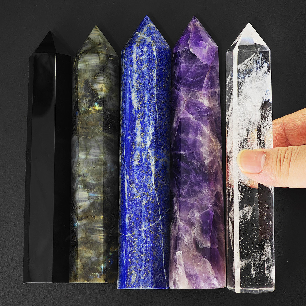 15เซนติเมตรธรรมชาติ ออบซิเดียน เดียวชี้หกเหลี่ยมปริซึมคริสตัลสีขาวหลอมเหลวหินจุดคันทาวเวอร์งานฝีมือตกแต่งบ้าน