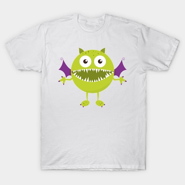 เสื้อยืด Vintage Green Monster, Cute Monster, Funny Monster, Horns T-Shirt แท้ Cotton 100% สีดำ
