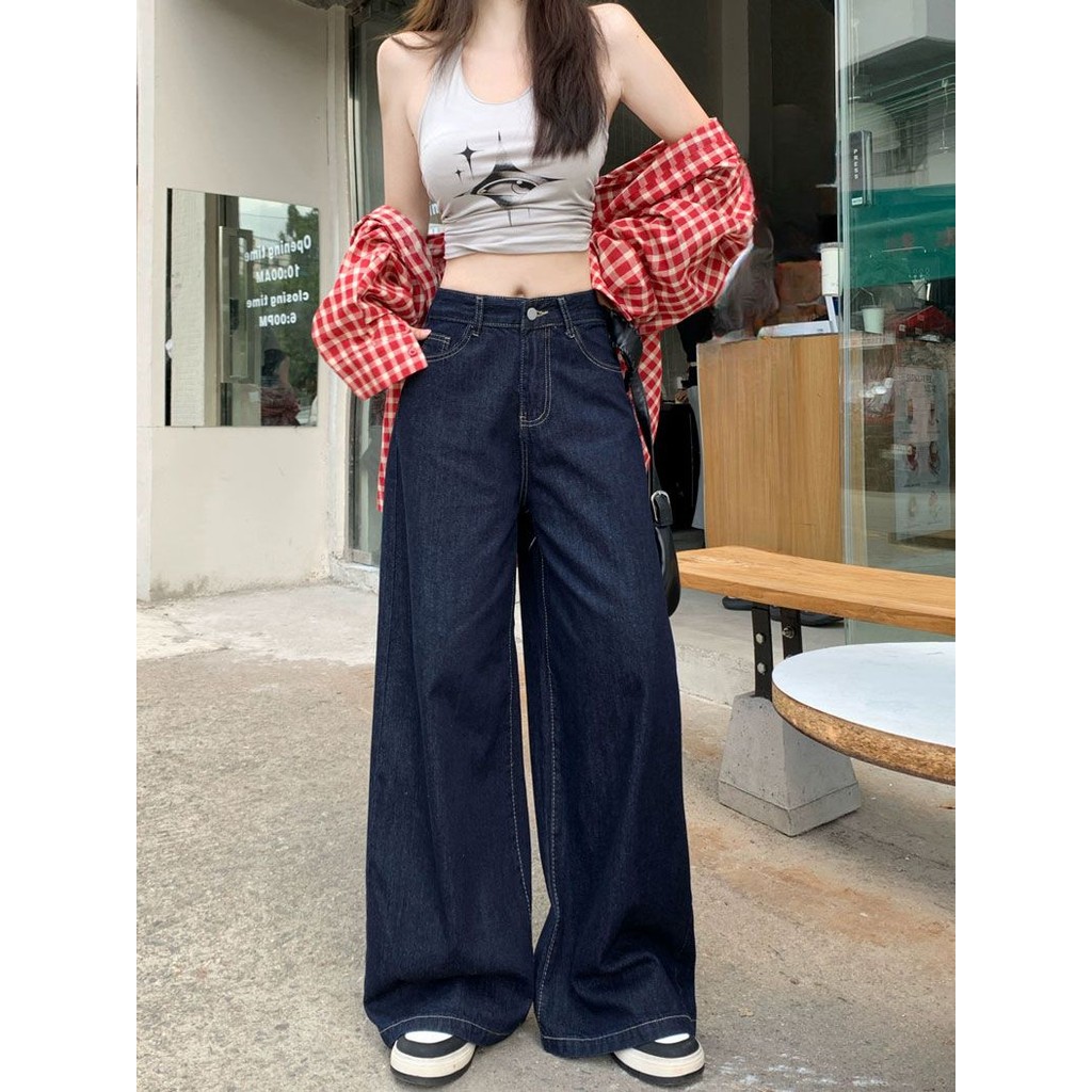 TAYCEN S-5XL(25-37) กางเกงยีนส์ผู้หญิง ไซส์ใหญ่  ผู้หญิงขนาดใหญ่เกาหลีผ้ายีนส์ เอวสูง ย้อนยุค เรียบๆขากว้างกางเกงยีนส์ขายาว กางเกงขายาว