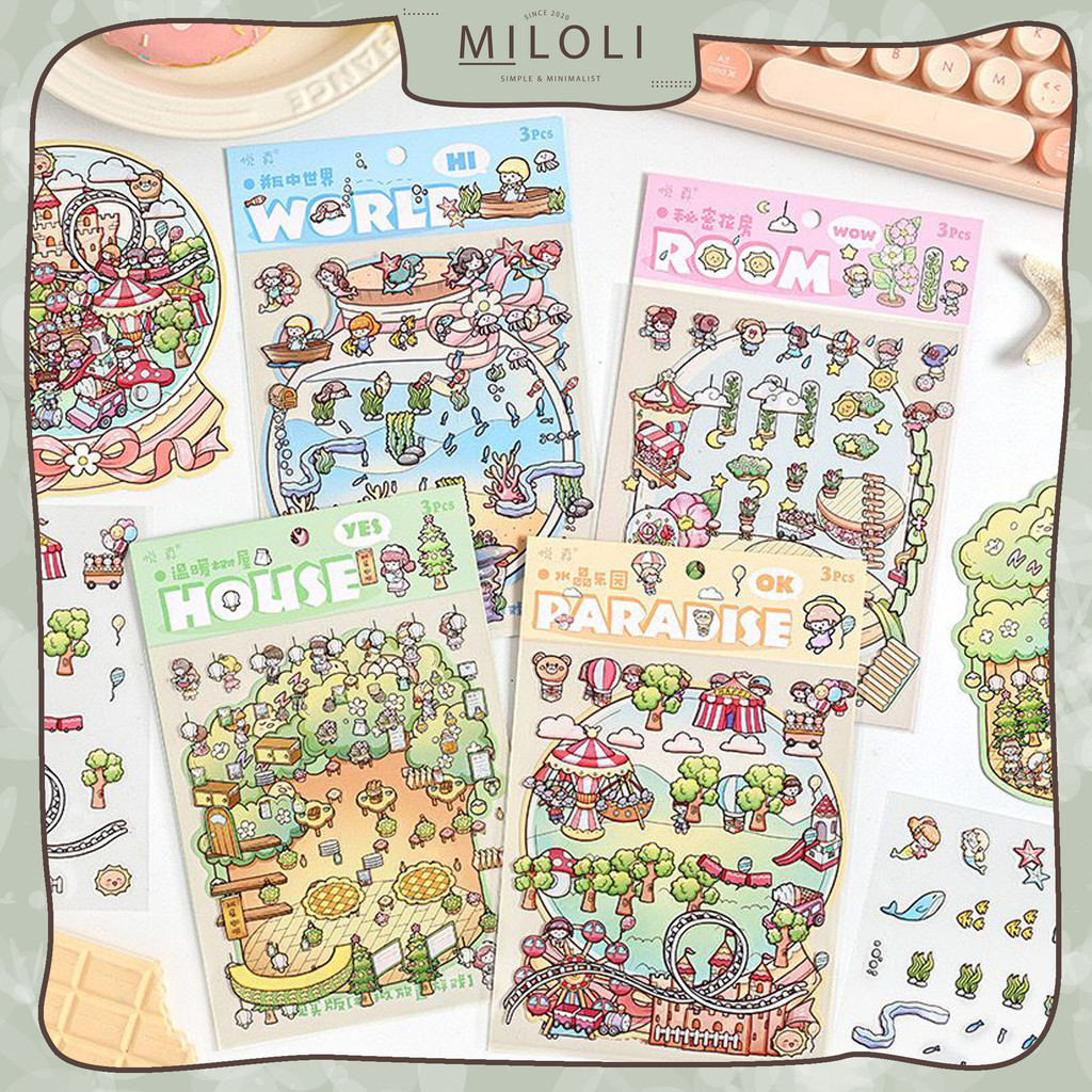 [MILOLI] 3 แผ่นน่ารัก CARTOON ANIMAL STICKERS Mini Cabin ฉาก 3D PET ภูมิทัศน์ DIY สมุดภาพวารสารสติ๊ก