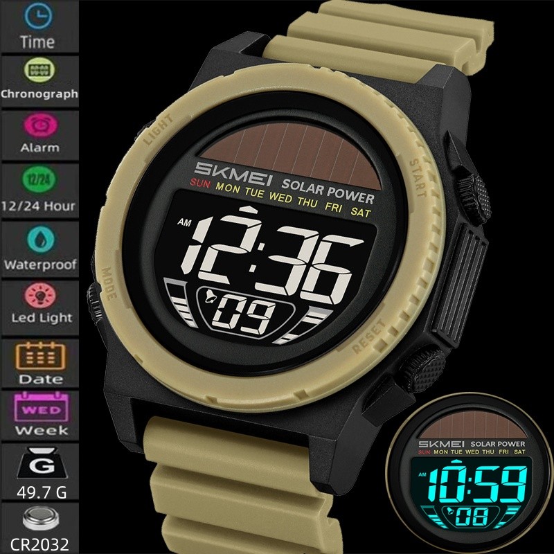 Skmei พลังงานแสงอาทิตย์บุรุษนาฬิกาดิจิตอล LED กันน้ําว่ายน้ําโครโนกราฟแฟชั่นสายรัด TPU วันที่สัปดาห์นาฬิกาข้อมือกีฬา