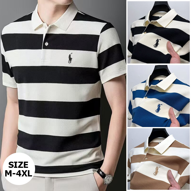 เสื้อโปโลผู้ชาย เสื้อลายขอ แขนสั้น ปักลาย สไตล์นักธุรกิจ M-4XL ไซส์ใหญ่ ขนาดใหญ่