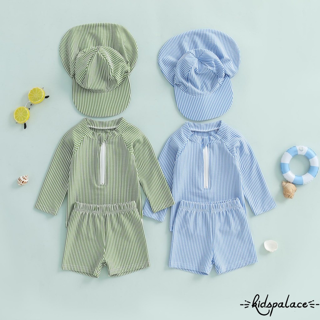 BbQ-Toddler Boy Rash Guard ชุดว่ายน้ําลายพิมพ์แขนยาวคอจําลองพร้อมกางเกงขาสั้นและหมวกว่ายน้ําชุดว่ายน