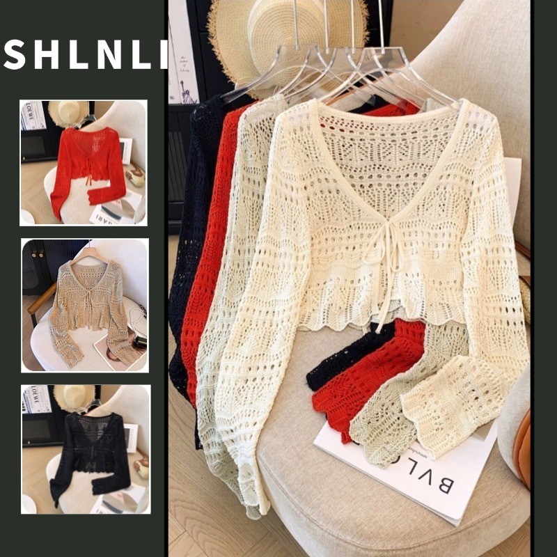 เสื้อคาร์ดิแกนถักนิตติ้งแบบตะขอกลวงฝรั่งเศสของผู้หญิงฤดูใบไม้ผลิและฤดูร้อนคอวีแขนยาวสลิมมิ่งสั้นด้านบน