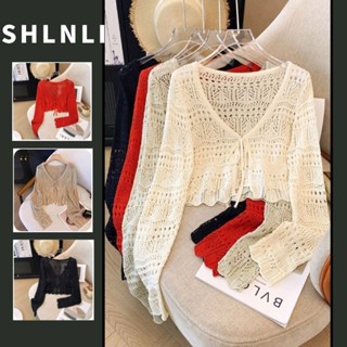 เสื้อคาร์ดิแกนถักนิตติ้งแบบตะขอกลวงฝรั่งเศสของผู้หญิงฤดูใบไม…