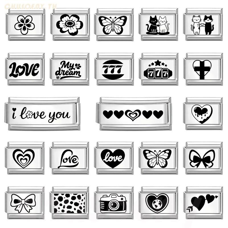 ดอกไม้สีดําตัวอักษร777หัวใจอิตาลีเสน่ห์สร้อยข้อมือพอดี9มิลลิเมตรสร้อยข้อมือสแตนเลส ทําเอง เครื่องประ