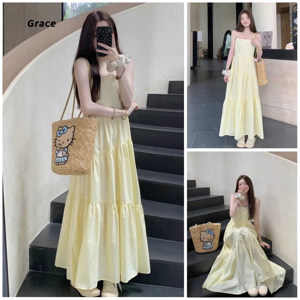 [Grace] (คลังสินค้าพร้อม) ชุดเดรสสลิงสีเหลืองวันหยุดฤดูร้อน Slim-fit Slimmer Look กระโปรงยาว GR1539 #