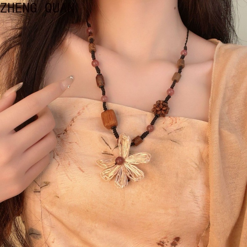 Handmade ดอกไม้ไม้สร้อยคอถัก Boho เครื่องประดับลูกปัดธรรมชาติสร้อยคอ 45 ซม.Choker สําหรับฤดูร้อนแฟชั