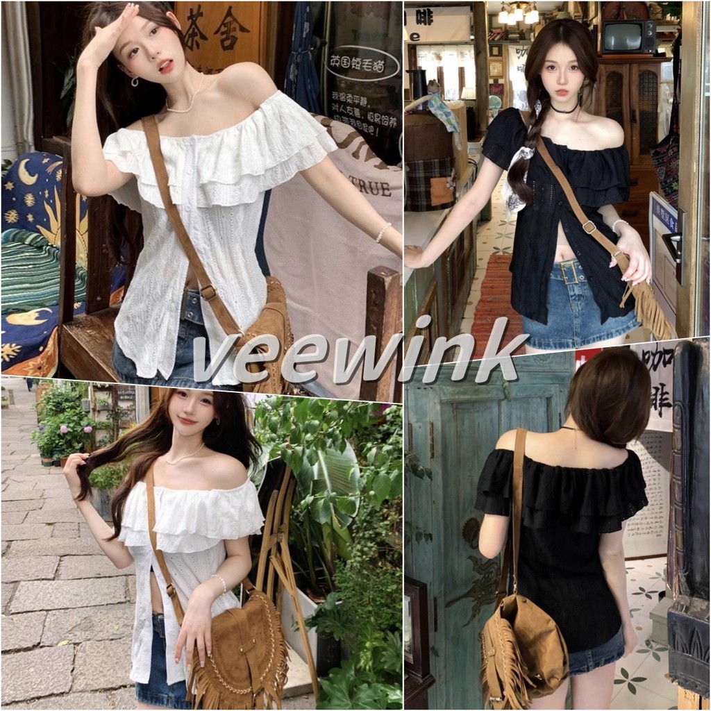Veewink พร้อมส่งจากกทม เสื้อเปิดไหล่ผู้หญิง เสื้อเบลาส์ผู้หญิง สีพื้น สไตล์ลำลอง