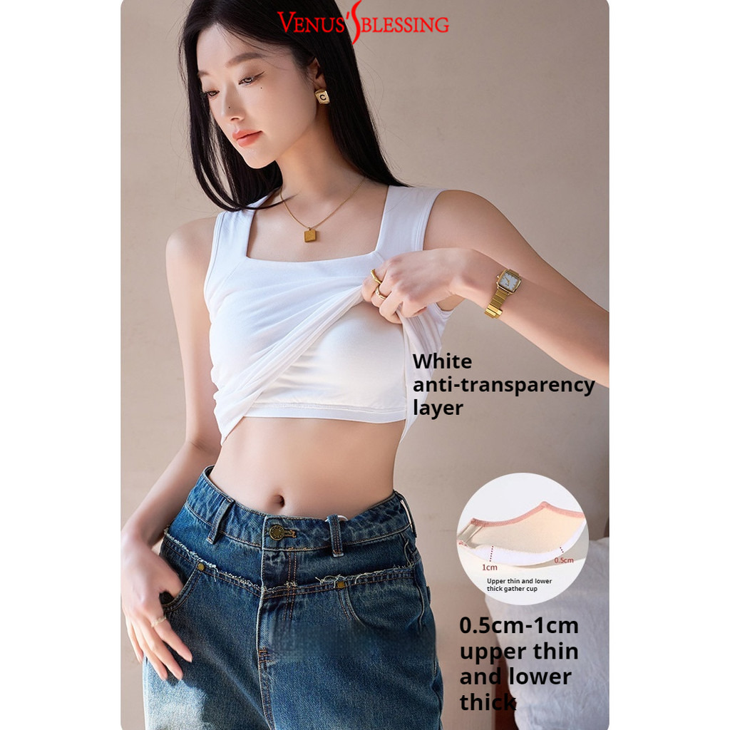 ( Ready Stock ) 2-in-1 95% ผ้าฝ้ายแท้สายสะพายไหล่กว้างเสื้อกล้ามสีขาวผู้หญิงมีแผ่นรองหน้าอกเสื้อแขนกุดริ้วรอย - รูปที่ 4