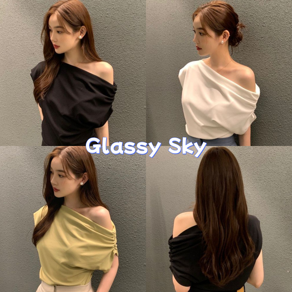 Glassy Sky💖พร้อมส่ง💖 เสื้อเปิดไหล่แขนสั้น เรียบหรูสไตล์มินิมอล สไตล์ลำลอง ผ้าใส่สบาย (FYP13)
