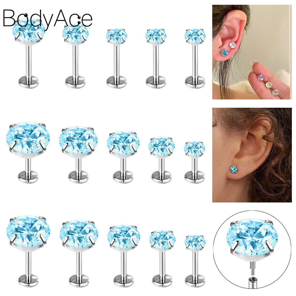 Bodyace 16G/18G หูเจาะ 1 Pc คริสตัลสีฟ้าสตั๊ดต่างหูหูกระดูกอ่อน Helix เจาะเครื่องประดับ 316L สแตนเลสเจาะริมฝีปาก