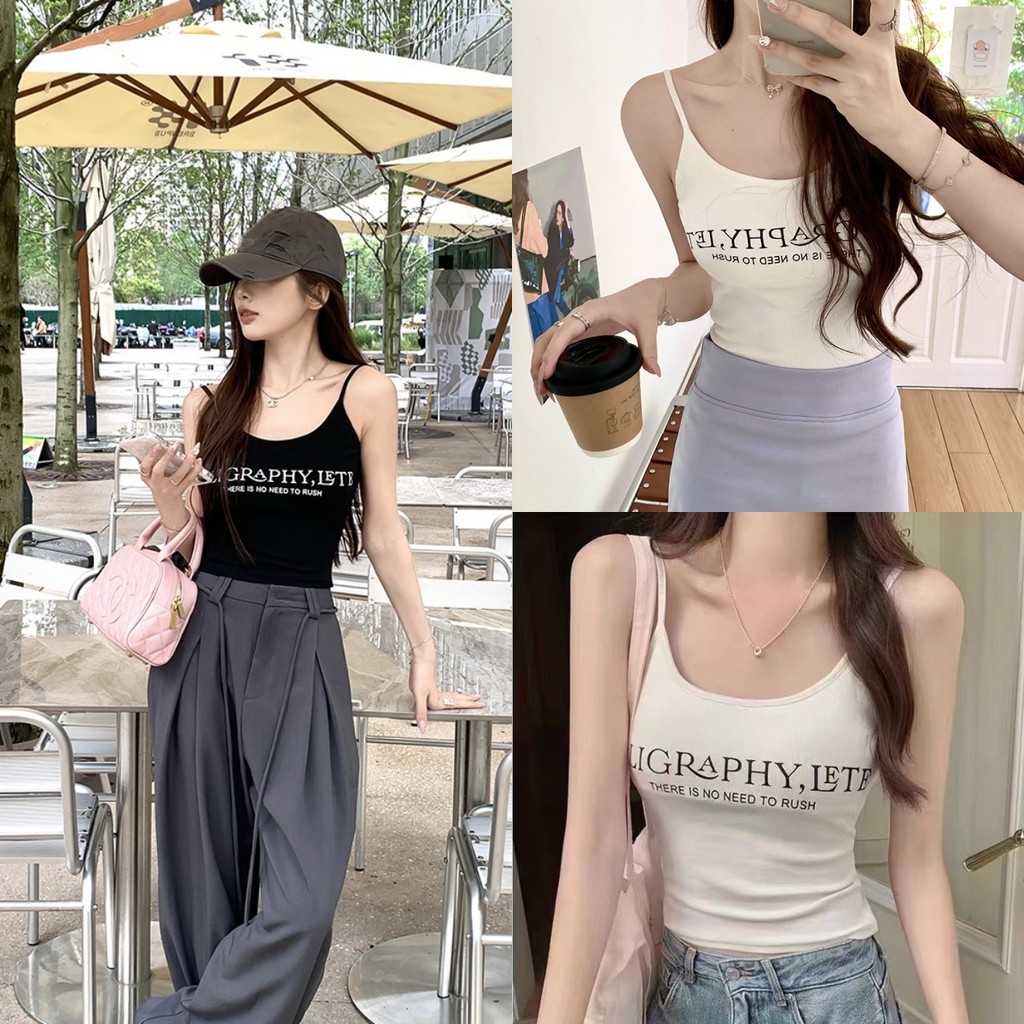 Beryl เสื้อสายเดี่ยวพิมพ์ลายตัวอักษรสไตล์เกาหลีสำหรับผู้หญิง