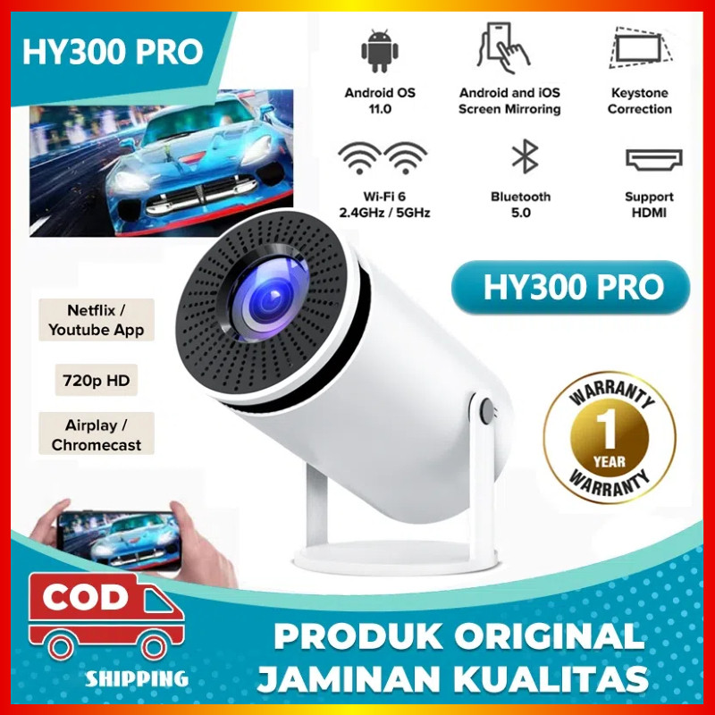 HY300 Pro โปรเจคเตอร์ 1080P 4K มินิโปรเจคเตอร์ Android 12.0 5G WIFI บลูทูธ รองรับการมิเรอร์หน้าจอ เชื่อมต่อกับมือถือ