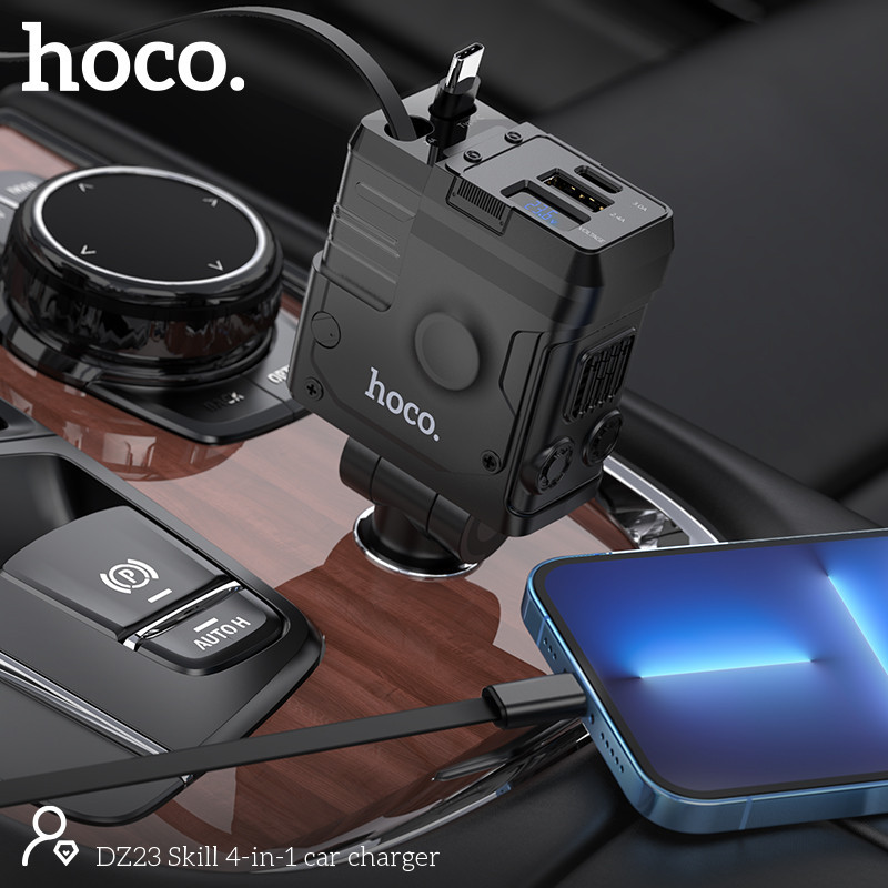แท้100% ส่งไว รับประกัน1ปี หัวชาร์จในรถยนต์ HOCO DZ23 4in1 1USB+1TC มีสายชาร์จในตัว ชาร์จเร็ว PD43W+