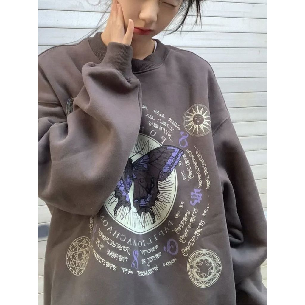 American Retro Butterfly Printing PLUS เสื้อสเวตเตอร์กำมะหยี่ผู้หญิง
