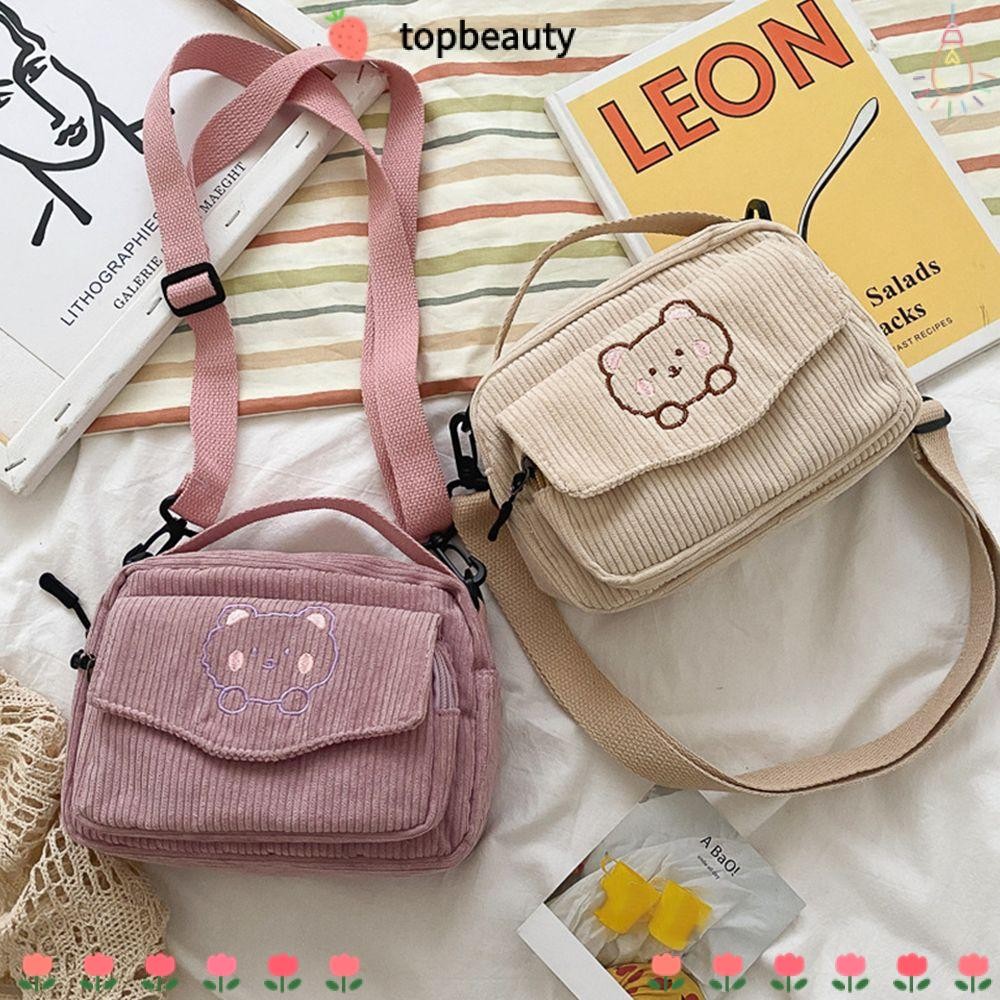 Topbeauty กระเป๋าสะพายไหล่ ผ้าลูกฟูก พิมพ์ลายการ์ตูนหมี สําหรับเดินทาง