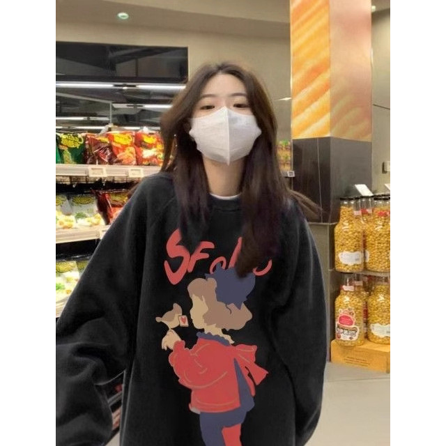 เสื้อฮู้ดคอกลมผู้หญิงพิมพ์ลายการ์ตูนหวานและน่ารัก
