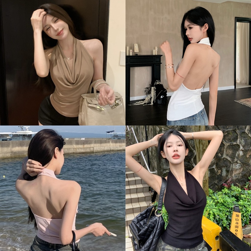 🖤Kayla🖤เสื้อกล้าม คล้องคอ สีพื้น แขนกุด ผ้านิ่ม เสื้อครอป สไตล์เกาหลี มินิมอล สุดเซ็กซี่#8K131