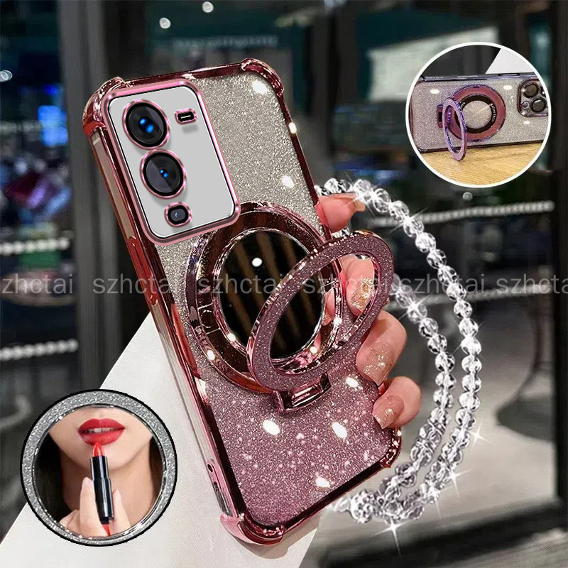 เคสสําหรับ Vivo V25 PRO V25 V25E สี่มุมกันกระแทกเคสโทรศัพท์ 3D ที่วางกระจกแต่งหน้าสร้อยข้อมือใหม่ softcase