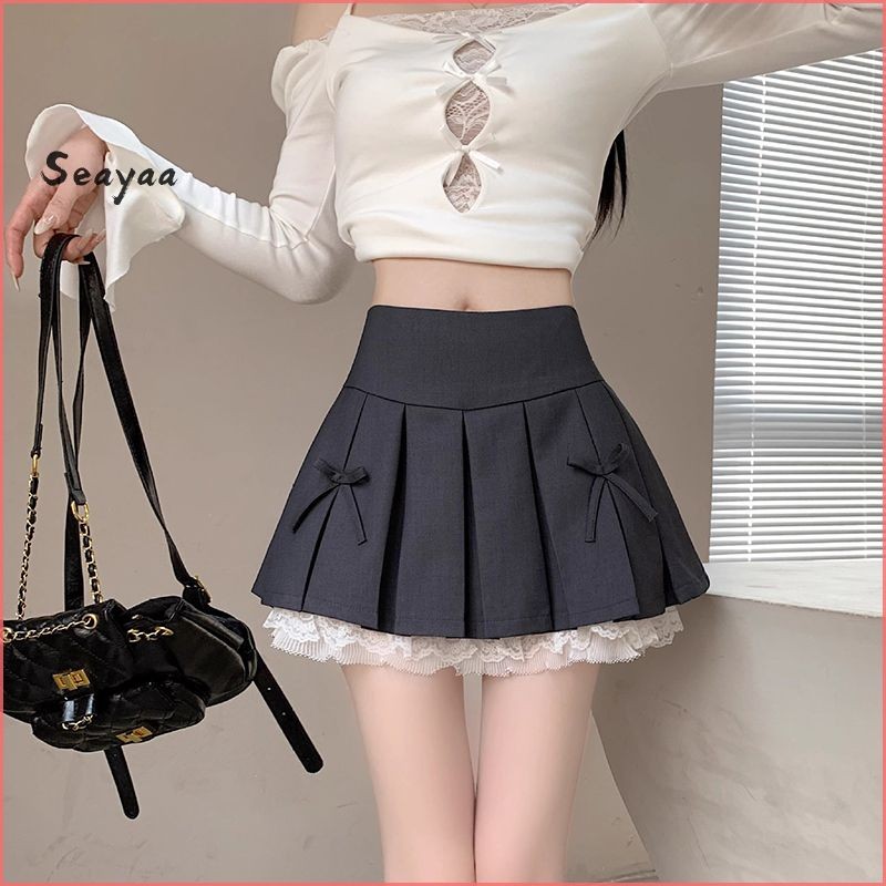 ความรู้สึกการออกแบบกระโปรงจีบผู้หญิง Lace Edge Splicing กระโปรง Niche สาวร้อน A-Line กระโปรงสั้น SY