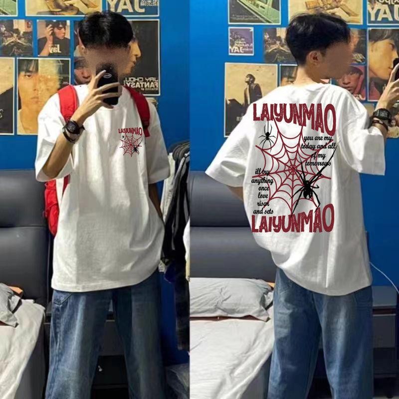 เสื้อยืดแขนสั้นพิมพ์ลายแมงมุมหนัก, แฟชั่นจีน, สำหรับผู้ชายและผู้หญิง, ทรงหลวม, สไตล์อเมริกัน, แฟชั่นฤดูร้อน