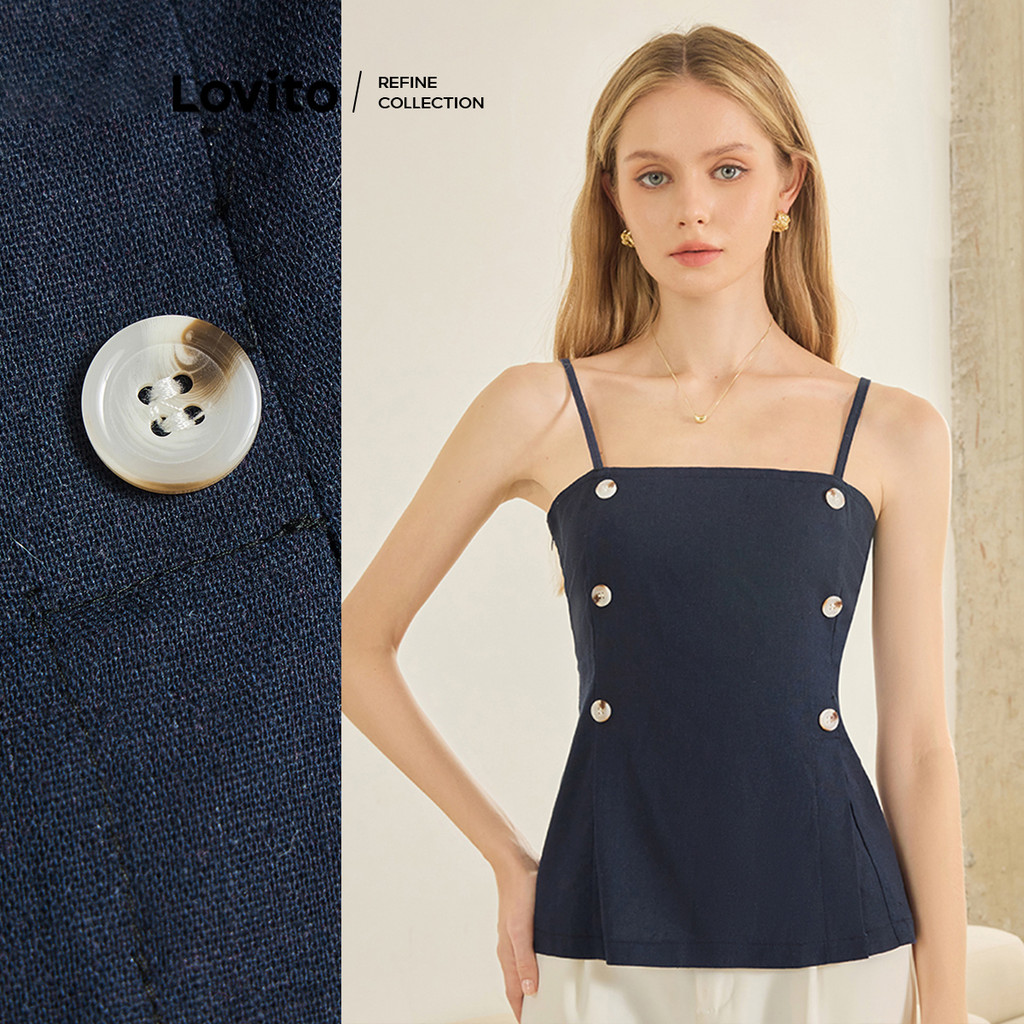 (Lovito Refine) เสื้อกล้ามจีบกระดุมคู่ธรรมดาสบาย ๆ สำหรับผู้หญิง L95ED631