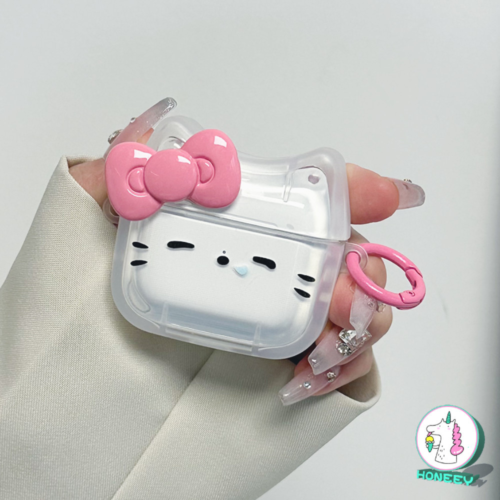 Girly 3D Bowknot Hello Kitty หูฟังพร้อมพวงกุญแจ Charm สําหรับ Airpods 1 2 3 4 Airpod Pro 2 บลูทูธไร้สายหูฟังใส Hard Anti-drop ชุดหูฟังฝาครอบป้องกัน