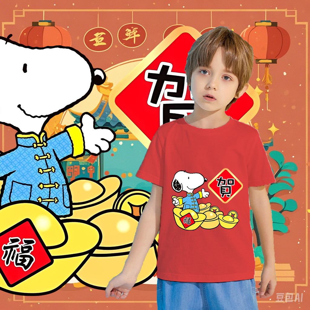 ❤️New Year's Snoopy print/ใหม่ปีใหม่เสื้อลาย Snoop พิมพ์รอบคอแขนสั้นผ้าฝ้าย (100-150CM)#11 ria