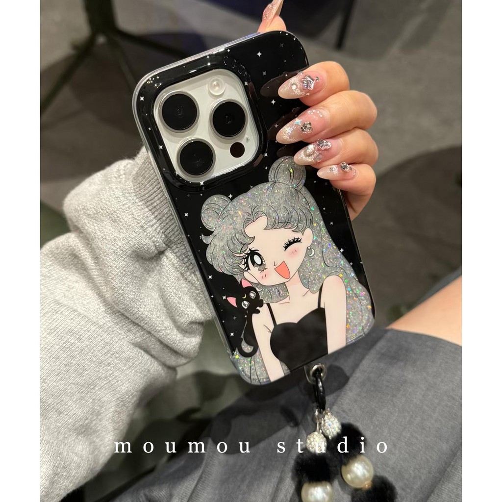 Huiwanju วัยรุ่นความงามผมสีเงินประกายสําหรับ iPhone16promax เคสโทรศัพท์ 15 เคสป้องกัน 1413 โซ่