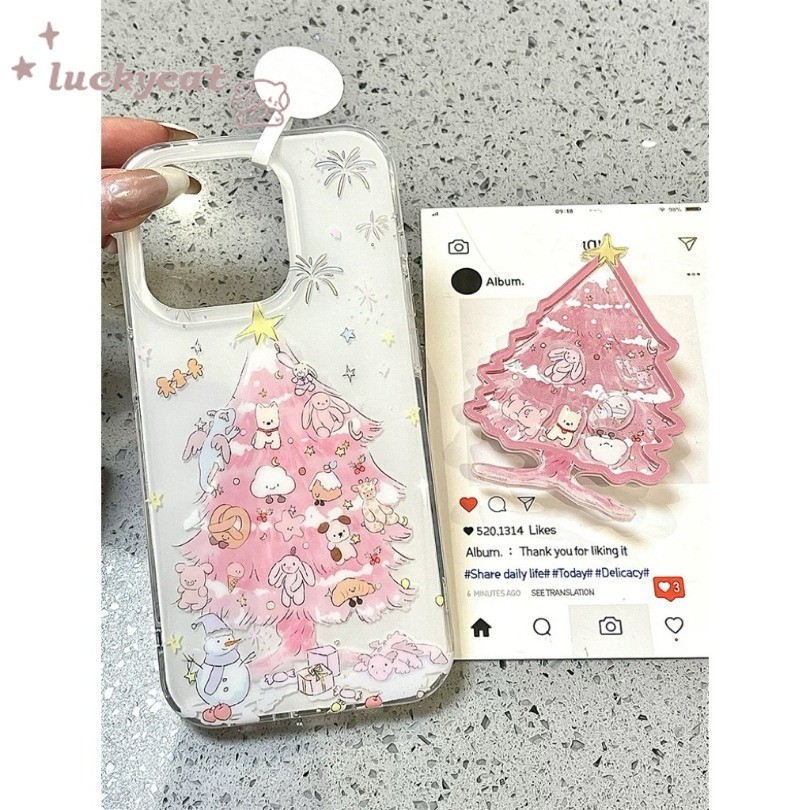 Iphone 16 15 14 13 12 11 Pro Max X Xr Xs Max 7 8 Plus SE2020 เคสโทรศัพท์สีชมพูหวานสัตว์รูปแบบต้นคริสต์มาส + หมุนขาตั้งนุ่มปกหลัง