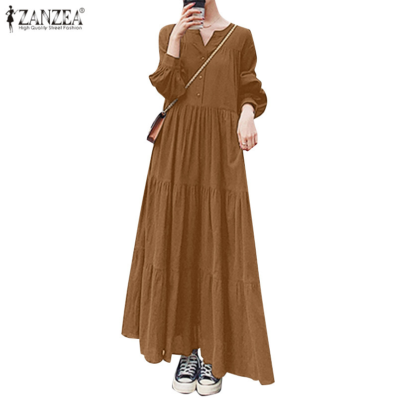 Zanzea ผู้หญิงเกาหลีลําลองคอวีปุ่มข้อมือ Multi-Split Pleats สีทึบชุดหลวม
