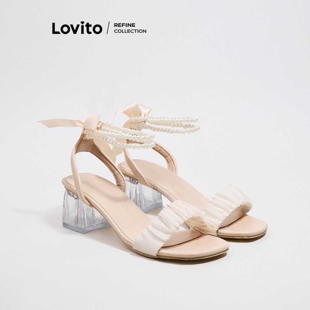 (Lovito Refine) ส้นตาข่ายสำหรับผู้หญิงธรรมดาสบาย ๆ โบว์ไข่มุกประกบส้นตาข่ายสำหรับผู้หญิง LFA42104